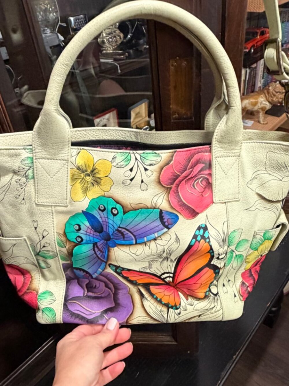 Anuschka Hand Painted Leather Butterfly Rose Satchel Bag with Shoulder Strap - Picture 4 of 5
